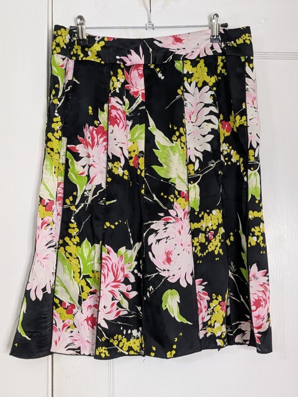 Drama Women's 100% Silk Skirt Black Pink Floral Peony Print Made in USA Size 10